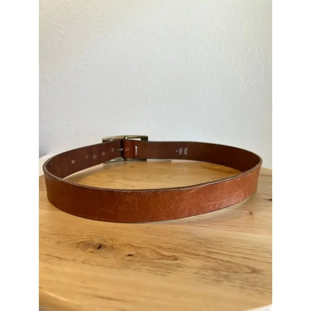 Vintage 90s Worn in Genuine Leather Gold Buckle Belt England Made Size Medium